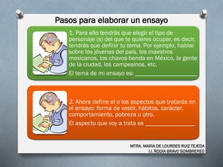 Pasos para elaborar un ensayo
MTRA. MARIA DE LOURDES RUIZ TEJEDA
I.I. RODIA BRAVO SOMBREREO
1. Para ello tendrás que elegir el tipo de
personaje (s) del que te quieres ocupar, es decir,
tendrás que definir tu tema. Por ejemplo, hablar
sobre los jóvenes del país, los maestros
mexicanos, los chavos-banda en México, la gente
de la ciudad, los campesinos, etc.
El tema de mi ensayo es: ____________________
2. Ahora define el o los aspectos que tratarás en
el ensayo: forma de vestir, hábitos, carácter,
comportamiento, pobreza u otro.
El aspecto que voy a trata es ________________
 