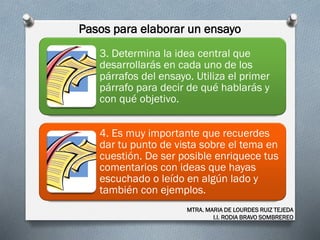 Pasos para elaborar un ensayo
MTRA. MARIA DE LOURDES RUIZ TEJEDA
I.I. RODIA BRAVO SOMBREREO
3. Determina la idea central que
desarrollarás en cada uno de los
párrafos del ensayo. Utiliza el primer
párrafo para decir de qué hablarás y
con qué objetivo.
4. Es muy importante que recuerdes
dar tu punto de vista sobre el tema en
cuestión. De ser posible enriquece tus
comentarios con ideas que hayas
escuchado o leído en algún lado y
también con ejemplos.
 