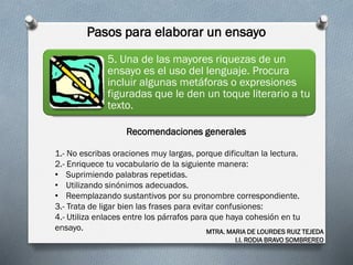 Pasos para elaborar un ensayo
MTRA. MARIA DE LOURDES RUIZ TEJEDA
I.I. RODIA BRAVO SOMBREREO
5. Una de las mayores riquezas de un
ensayo es el uso del lenguaje. Procura
incluir algunas metáforas o expresiones
figuradas que le den un toque literario a tu
texto.
Recomendaciones generales
1.- No escribas oraciones muy largas, porque dificultan la lectura.
2.- Enriquece tu vocabulario de la siguiente manera:
• Suprimiendo palabras repetidas.
• Utilizando sinónimos adecuados.
• Reemplazando sustantivos por su pronombre correspondiente.
3.- Trata de ligar bien las frases para evitar confusiones:
4.- Utiliza enlaces entre los párrafos para que haya cohesión en tu
ensayo.
 
