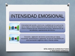 INTENSIDAD EMOSIONAL
Intensidad del sonido o de la voz, cualidad por la cual se les
oye a mayor o menor distancia y que depende de la mayor o
menor amplitud de las vibraciones sonoras. Vehemencia de
los afectos y operaciones del ánimo.
Emoción.- Agitación del ánimo producida por ideas,
recuerdos, sentimientos o pasiones, la que se manifiesta por
una conmoción orgánica más o menos visible.
MTRA. MARIA DE LOURDES RUIZ TEJEDA
I.I. RODIA BRAVO SOMBREREO
 