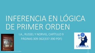 INFERENCIA EN LÓGICA
DE PRIMER ORDEN
I.A., RUSSEL Y NORVIG, CAPÍTULO 9
PÁGINAS 309-362(337-390 PDF)
 