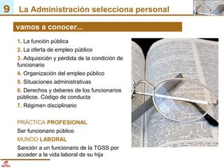 9 La Administración selecciona personal
1. La función pública
2. La oferta de empleo público
3. Adquisición y pérdida de l...