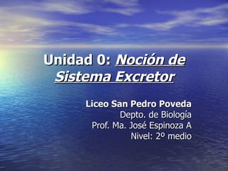 Unidad 0:  Noción de Sistema Excretor Liceo San Pedro Poveda Depto. de Biología Prof. Ma. José Espinoza A Nivel: 2º medio 