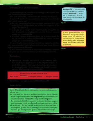 Fig. 10.
Fig. 11.
Interpretación de las observaciones
Los gases obtenidos al pasar la corriente eléctrica a través del agua
¿son sustancias diferentes entre sí?
Esos gases producidos ¿son diferentes a la sustancia inicial agua?
El análisis de las observaciones realizadas durante la electrólisis del
agua permite afirmar que:
•	 los gases recogidos en los tubos invertidos, resultantes de la elec-
trólisis del agua, son incoloros, por lo tanto, esa propiedad no sir-
ve para diferenciarlos.
•	 el gas, del que se recogió mayor volumen, ardió al hacerle el en-
sayo de ignición, con una pequeña explosión. Decimos entonces
que ese gas es combustible.
•	 al realizar el ensayo de ignición al otro gas, se observó que la lla-
ma “se avivó” en el extremo incandescente del fósforo. Decimos
que ese gas es comburente (fig. 10).
De acuerdo a los ensayos realizados, podemos suponer que si bien
estos gases obtenidos a partir de la electrólisis del agua tienen el mismo
aspecto, son sustancias diferentes.
El agua presente inicialmente es una sustancia distinta a cualquiera
de los gases que se formaron, al no ser combustible ni comburente.
Conclusiones
	 Teniendo en cuenta los resultados de este experimento pode-
mos concluir que el agua líquida se descompone mediante el
pasaje de la corriente eléctrica produciendo dos gases diferen-
tes: uno combustible y el otro comburente, llamados respecti-
vamente dihidrógeno y dioxígeno (fig.11).
Representación de la electrólisis del agua
		 electrólisis
	 Agua líquida	 	 dihidrógeno gaseoso	 +	 dioxígeno gaseoso
La sustancia pura agua es una sustancia compuesta
Resumiendo
Luego del análisis de las dos actividades experimentales podemos
afirmar que:
•	si a partir de una sustancia se obtienen dos o más sustancias dife-
rentes, el proceso se llama descomposición y la sustancia inicial
se llama sustancia compuesta o simplemente compuesto.
•	las sustancias obtenidas pueden ser sustancias simples o no, pero
su composición es más sencilla que la sustancia compuesta inicial.
•	la acción del calor, así como la acción de la corriente eléctrica u
otros agentes, pueden producir este tipo de transformaciones, pro-
vocando que la composición química del sistema se modifique.
Combustible es una sustancia
que al reaccionar con dioxí-
geno (comburente) y alcan-
zar la temperatura de igni-
ción produce el fenómeno de
combustión.
Si a los gases obtenidos en la
electrólisis del agua se les apli-
caran todos los métodos de
descomposición, comprobaría-
mos que no pueden descompo-
nerse. Por lo tanto, son sustan-
cias simples.
105Sustancias Puras. • Capítulo 9Química • 3º C.B.
©EditorialContexto2010-Obsequioparadocentessinvalorcomercial-www.editorialcontexto.com.uy-(02)9019493
 