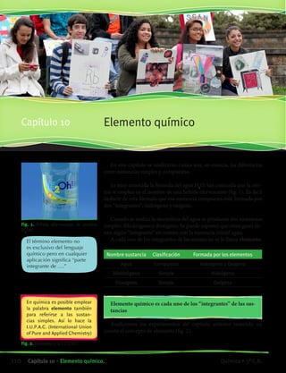 Elemento químicoCapítulo 10
Fig. 1. Bebida efervescente de nombre
H2
Oh!
El término elemento no
es exclusivo del lenguaje
químico pero en cualquier
aplicación significa “parte
integrante de ….”
Fig. 2. Elemento y la I.U.P.A.C.
En química es posible emplear
la palabra elemento también
para referirse a las sustan-
cias simples. Así lo hace la
I.U.P.A.C. (International Union
of Pure and Applied Chemistry)
En este capitulo se analizarán cuáles son, en esencia, las diferencias
entre sustancias simples y compuestas.
Es muy conocida la fórmula del agua H2
O, tan conocida que la mis-
ma se emplea en el nombre de una bebida efervescente (fig. 1). Es fácil
deducir de esta fórmula que esa sustancia compuesta está formada por
dos “integrantes”: hidrógeno y oxígeno.
Cuando se realiza la electrólisis del agua se producen dos sustancias
simples: dihidrógeno y dioxígeno. Se puede suponer que estos gases tie-
nen algún “integrante” en común con la sustancia inicial agua.
A cada uno de los integrantes de las sustancias se le llama elemento.
Nombre sustancia Clasificación Formada por los elementos
Agua Compuesta Hidrógeno y Oxígeno
Dihidrógeno Simple Hidrógeno
Dioxígeno Simple Oxígeno
Elemento químico es cada uno de los “integrantes” de las sus-
tancias
Analicemos los experimentos del capítulo anterior teniendo en
cuenta el concepto de elemento (fig. 2).
110 Capítulo 10 • Elemento químico. Química • 3º C.B.
©EditorialContexto2010-Obsequioparadocentessinvalorcomercial-www.editorialcontexto.com.uy-(02)9019493
 