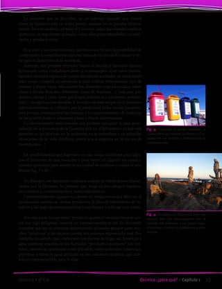 La sucesión que se describió, es un mínimo ejemplo que ilustra
cómo la Química está en todas partes, aunque no se perciba directa-
mente. En este instante, en todo el Universo, están sucediendo cambios
químicos: es importante aprender sobre ellos para entenderlos, modifi-
carlos y producir otros.
El acceso a los conocimientos químicos nos brinda la posibilidad de
comprender la contribución que esta rama de la ciencia ha tenido y tie-
ne para el desarrollo de la sociedad.
Además, nos permite entender mejor el mundo y favorece nuestra
formación como ciudadanos libres y responsables. Con estos conoci-
mientos seremos capaces de tomar decisiones acertadas en situaciones
tales como: comprar un producto u otro, utilizar determinado tipo de
envases y evitar otros, seleccionar los alimentos más adecuados, saber
cómo y dónde desechar diferentes clases de residuos…y más aún, po-
dremos opinar y votar leyes que hagan referencia a cuestiones ambien-
tales o energéticas por ejemplo. Y lo mejor de todo es que no lo haremos
caprichosamente, ni influidos por la publicidad ni las modas pasajeras,
sino porque conoceremos las ventajas y los inconvenientes de cada una
de las posibilidades o sabremos cómo y dónde informarnos.
Lo anteriormente mencionado nos permite descartar la idea gene-
ralizada de la presencia de la Química solo en el laboratorio ya que está
también en las fábricas, en la industria, en la naturaleza y en todas las
situaciones de la vida cotidiana ¡hasta nos acompaña en la cocina de
nuestra casa…!
La sensibilización que logremos en este curso quizás sea para algu-
nos el despertar de una vocación y para todos, el adquirir los conoci-
mientos químicos para asumir la necesidad de cuidarse y cuidar el am-
biente (fig. 3 y 4).
En diálogos con familiares o amigos cuando se tratan temas relacio-
nados con la Química, lo primero que surge es una imagen negativa,
asociándola a contaminación y materiales tóxicos.
Lamentablemente algunos accidentes en zonas cercanas a fábricas, el
inadecuado manejo de ciertos productos, la falta de tratamiento de re-
siduos y las noticias sensacionalistas contribuyen a reforzar esta visión.
Por otra parte, la expresión “producto químico” muchas veces se aso-
cia con algo peligroso, cuando no necesariamente es así. Es frecuente
escuchar que no se consume determinado alimento porque tiene mu-
chos “químicos” y sin darnos cuenta nos estamos expresando mal. Por
ejemplo, un simple pan, elaborado con harina de trigo, sal, levadura y
agua contiene muchos de los llamados “productos químicos” (en rea-
lidad, sustancias químicas) como glúcidos, sales minerales, vitaminas,
proteínas y hasta el agua utilizada es una sustancia química, que ade-
más es imprescindible para la vida.
Fig. 3. Cuidando el medio ambiente: si
clasificamos los residuos facilitamos el re-
ciclado de los mismos y disminuimos la
contaminación.
Fig. 4. Escultura en Punta del Este. En
nuestro país hay preocupación por el
cuidado del ambiente y por hacer llegar
el mensaje a todos los ciudadanos y a los
turistas.
13Química: ¿para qué? • Capítulo 1Química • 3º C.B.
©EditorialContexto2010-Obsequioparadocentessinvalorcomercial-www.editorialcontexto.com.uy-(02)9019493
 