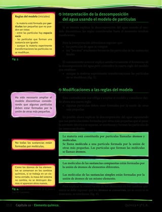 Reglas del modelo (iniciales)
- la materia está formada por par-
tículas tan pequeñas que no pue-
den ser vistas
- entre las partículas hay espacio
vacío
- las partículas que forman una
sustancia son iguales
- aunque la materia experimente
transformaciones las partículas no
se modifican.
Fig. 3
Ha sido necesario ampliar el
modelo discontinuo conside-
rando que algunas partículas
deben estar formadas por la
unión de otras más pequeñas.
Fig. 4. Ley de conservación de la masa o
Ley de Lavoisier.
No todas las sustancias están
formadas por moléculas.
Como los átomos de los elemen-
tos se conservan en los cambios
químicos, si se trabaja en un sis-
tema cerrado, la masa del sistema
no cambia; no se destruyen áto-
mos ni aparecen otros nuevos.
	Interpretación de la descomposición
del agua usando el modelo de partículas
Si se intenta explicar la descomposición del agua usando el mo-
delo discontinuo, las reglas consideradas hasta el momento resultan
insuficientes.
Para la interpretación deberíamos suponer que:
•	 las partículas de agua se rompen
•	 los “trocitos” resultantes formarán las partículas de las sustancias
finales
El razonamiento anterior explica satisfactoriamente el fenómeno de
la descomposición del agua pero contradice la cuarta regla del modelo
que establece:
•	 aunque la materia experimente transformaciones las partículas
no se modifican (fig. 3).
	Modificaciones a las reglas del modelo
Esta contradicción nos obliga a ampliar el modelo y considerar des-
de ahora una nueva regla:
•	 algunas partículas deben estar formadas por la unión de otras
más pequeñas
Es posible ahora explicar la descomposición del agua suponiendo
que sus partículas están formadas por otras más pequeñas que al pasar
la corriente eléctrica se separan, se reordenan y forman las partículas de
las sustancias finales.
La materia está constituida por partículas llamadas átomos y
moléculas.
Se llama molécula a una partícula formada por la unión de
otras más pequeñas. Las partículas que forman las moléculas
se llaman átomos.
Las moléculas de las sustancias compuestas están formadas por
la unión de átomos de elementos diferentes.
Las moléculas de las sustancias simples están formadas por la
unión de átomos de un mismo elemento.
Para explicar la conservación de los elementos en los cambios quí-
micos se debe suponer que los átomos se conservan; no se crean ni se
destruyen, se reordenan (fig. 4).
112 Capítulo 10 • Elemento químico. Química • 3º C.B.
©EditorialContexto2010-Obsequioparadocentessinvalorcomercial-www.editorialcontexto.com.uy-(02)9019493
 