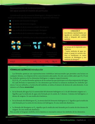 ¡¡ Atención !!
Los átomos representados son
iguales en cantidad y calidad
antes y después del cambio
químico
Representación de la descomposición
del agua usando el modelo de partículas
Considerando que las sustancias dihidrógeno y dioxígeno están for-
madas por moléculas diatómicas usaremos las siguientes referencias:
un átomo del elemento hidrógeno
un átomo del elemento oxígeno
una molécula de la sustancia simple dihidrógeno
una molécula de la sustancia simple dioxígeno
una molécula de la sustancia compuesta agua
La lectura de la expresión sim-
bólica es:
“cuatro moléculas de agua me-
diante el pasaje de corriente eléc-
trica se transforman en cuatro
moléculas de dihidrógeno y dos
moléculas de dioxigeno”
Fig. 5
Fig. 6
FÓRMULAS QUÍMICAS Introducción
4 H2
O	 	 4 H2
	 +	 2 O2
(fig. 6)
Representación simbólica de la descomposición del agua.
4 moléculas
de la sustancia
compuesta agua
electrólisis
4 moléculas de la
sustancia simple
dihidrógeno
2 moléculas de la
sustancia simple
dioxígeno
Las fórmulas químicas son representaciones simbólicas internacionales que permiten una lectura en
cualquier idioma, si se dispone de los conocimientos adecuados. En este caso se debe saber que H y O son
los símbolos químicos de los elementos hidrógeno y oxígeno respectivamente.
H2
O, H2
y O2
son las fórmulas químicas de las sustancias que participan en la descomposición del agua.
En cada fórmula se representa el o los elementos que forman la sustancia mediante los símbolos quí-
micos. Con un subíndice, a la derecha del símbolo, se indica el número de átomos de cada elemento. A ese
número se le llama atomicidad.
	 •	 En la fórmula del agua H2
O, la atomicidad del elemento hidrógeno es 2 y la del elemento oxígeno es 1.
		 Significa que la molécula de agua está formada por la unión de 3 átomos: 2 átomos de hidrógeno y 1
átomo de oxígeno. Es una molécula triatómica.
	 •	 En la fórmula del dihidrógeno H2
, la atomicidad del elemento hidrógeno es 2. Significa que la molécula
está formada por la unión de dos átomos de hidrógeno. Es una molécula diatómica.
	 •	 La fórmula del dioxígeno es O2
, significa que la molécula está formada por la unión de dos átomos de
oxígeno. Es una molécula diatómica.
Para acceder al lenguaje simbólico de la Química es necesario conocer los símbolos de los elementos.
+
113Elemento químico. • Capítulo 10Química • 3º C.B.
©EditorialContexto2010-Obsequioparadocentessinvalorcomercial-www.editorialcontexto.com.uy-(02)9019493
 