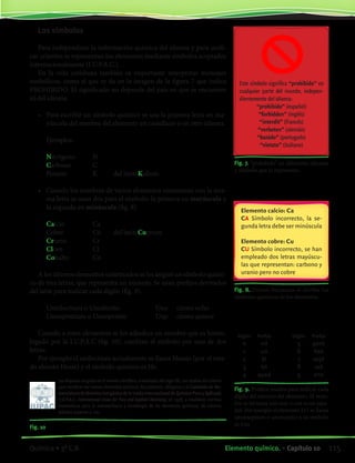 Los símbolos
Para independizar la información química del idioma y para unifi-
car criterios se representan los elementos mediante símbolos aceptados
internacionalmente (I.U.P.A.C.).
En la vida cotidiana también es importante interpretar mensajes
simbólicos, como el que se da en la imagen de la figura 7 que indica
PROHIBIDO. El significado no depende del país en que se encuentre
ni del idioma.
•	 Para escribir un símbolo químico se usa la primera letra en ma-
yúscula del nombre del elemento en castellano o en otro idioma.
	
	 Ejemplos:
	 Nitrógeno	 N
	 Carbono		 C
	 Potasio		 K	 del latín Kalium
•	 Cuando los nombres de varios elementos comienzan con la mis-
ma letra se usan dos para el símbolo: la primera en mayúscula y
la segunda en minúscula (fig. 8)
	 Calcio		 Ca
	 Cobre		 Cu	 del latín Cuprum
	 Cromo		 Cr
	 Cloro		 Cl
	 Cobalto		 Co
A los últimos elementos sintetizados se les asignó un símbolo quími-
co de tres letras, que representa un número. Se usan prefijos derivados
del latín para indicar cada dígito (fig. 9).
	 Unniloctium o Unniloctio		 Uno	 ciento ocho
	 Ununpentium o Ununpentio		 Uup	 ciento quince
Cuando a estos elementos se les adjudica un nombre que es homo-
logado por la I.U.P.A.C (fig. 10), cambian el símbolo por uno de dos
letras.
Por ejemplo el uniloctium actualmente se llama Hassio (por el esta-
do alemán Hesse) y el símbolo químico es Hs.
Fig. 8. Errores frecuentes al escribir los
símbolos químicos de los elementos.
Fig. 9. Prefijos usados para indicar cada
dígito del número del elemento. El nom-
bre se termina con ium o con io en espa-
ñol. Por ejemplo el elemento 117 se llama
ununseptium o ununseptio y su símbolo
es Uus
Elemento calcio: Ca
CA Símbolo incorrecto, la se-
gunda letra debe ser minúscula
Elemento cobre: Cu
CU Símbolo incorrecto, se han
empleado dos letras mayúscu-
las que representan: carbono y
uranio pero no cobre
Este símbolo significa “prohibido” en
cualquier parte del mundo, indepen-
dientemente del idioma:
“prohibido” (español)
“forbidden” (inglés)
“interdit” (francés)
“verboten” (alemán)
“banido” (portugués)
“vietato” (italiano)
Fig. 7. “prohibido” en diferentes idiomas
y símbolo que lo representa.
Dígito Prefijo Dígito Prefijo
0 nil 5 pent
1 un 6 hex
2 bi 7 sept
3 tri 8 oct
4 quad 9 enn
Las disputas surgidas en el mundo científico, a mediados del siglo XX, con motivo del criterio
para nombrar los nuevos elementos químicos descubiertos, obligaron a la Comisión de No-
menclatura de Química Inorgánica de la Unión Internacional de Química Pura y Aplicada
(I.U.P.A.C.: International Union for Pure and Applied Chemistry) en 1978, a establecer normas
sistemáticas para la nomenclatura y simbología de los elementos químicos, de número
atómico superior a 100.
Fig. 10
115Elemento químico. • Capítulo 10Química • 3º C.B.
©EditorialContexto2010-Obsequioparadocentessinvalorcomercial-www.editorialcontexto.com.uy-(02)9019493
 
