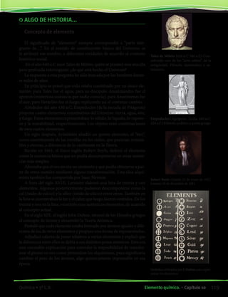 ALGO DE HISTORIA...
Concepto de elemento
El significado de “elemento” siempre correspondió a “parte inte-
grante de…”. En el sentido de constituyente básico del Universo, se
le atribuyó ese nombre, a diferentes entidades de acuerdo al contexto
histórico-social.
En el año 640 a.C nace Tales de Mileto, quién se planteó una sencilla
pero profunda interrogante: ¿de qué está hecho el Universo?
La respuesta a esta pregunta ha sido buscada por los hombres duran-
te miles de años.
En principio se pensó que todo estaba constituido por un único ele-
mento: para Tales fue el agua, para su discípulo Anaximandro fue el
apeiron (misteriosa sustancia que nadie conocía), para Anaxímenes fue
el aire, para Heráclito fue el fuego, explicando así el continuo cambio.
Alrededor del año 430 a.C, Empédocles (de la escuela de Pitágoras)
propone cuatro elementos constitutivos del Universo: tierra, agua, aire,
y fuego. Estos elementos representaban: lo sólido, lo líquido, lo vaporo-
so y la mutabilidad, respectivamente. Los objetos eran combinaciones
de esos cuatro elementos.
Un siglo después, Aristóteles añadió un quinto elemento, el “éter”,
como constituyente de las estrellas en los cielos, que parecían inmuta-
bles y eternas, a diferencia de lo cambiante en la Tierra.
Recién en 1661, el físico inglés Robert Boyle, definió el elemento
como la sustancia básica que no podía descomponerse en otras sustan-
cias más simples.
Afirmaba que el oro no era un elemento y que podía obtenerse a par-
tir de otros metales mediante alguna transformación. Esta idea alqui-
mista también fue compartida por Isaac Newton.
A fines del siglo XVIII, Lavoisier elaboró una lista de treinta y tres
elementos. Algunos posteriormente pudieron descomponerse como la
cal (óxido de calcio) y la sílice (óxido de silicio) entre otros. También en
la lista se encontraban la luz y el calor, que luego fueron omitidos. De los
treinta y tres en la lista, veintitrés eran auténticos elementos, de acuerdo
al concepto actual.
En el siglo XIX, el inglés John Dalton, retomó de los filósofos griegos
el concepto de átomo y desarrolló la Teoría Atómica.
Postuló que cada elemento estaba formado por átomos iguales y dife-
rentes de los de otros elementos y propuso una forma de representarlos.
Adjudicó valores de pesos relativos a varios elementos y explicó que
la diferencia entre ellos se debía a sus distintos pesos atómicos. Esto era
una razonable explicación para entender la imposibilidad de transfor-
mar el plomo en oro como pretendían los alquimistas, pues significaría
cambiar el peso de los átomos, algo químicamente impensable en esa
época.
Tales de Mileto (624 a.C 546 a.C) Con-
siderado uno de los “siete sabios” de la
antigüedad. Filósofo, matemático y as-
trónomo.
Empédocles (Agrigento, Sicilia, 484 a.C,
424 a.C) Filósofo, político y poeta griego.
Robert Boyle (Irlanda 25 de enero de 1627,
Londres 30 de diciembre de 1691.
Símbolos utilizados por J. Dalton para repre-
sentar los elementos.
119Elemento químico. • Capítulo 10Química • 3º C.B.
©EditorialContexto2010-Obsequioparadocentessinvalorcomercial-www.editorialcontexto.com.uy-(02)9019493
 