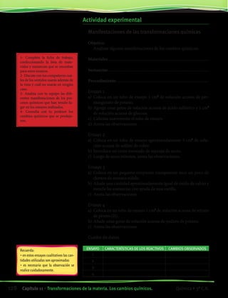 Actividad experimental
Manifestaciones de las transformaciones químicas
Objetivo
	 Analizar algunas manifestaciones de los cambios químicos.
Materiales...................................................................................................
Sustancias...................................................................................................
Procedimiento...........................................................................................
Ensayo 1
a)	 Coloca en un tubo de ensayo 1 cm3
de solución acuosa de per-
manganato de potasio.
b)	Agrega unas gotas de solución acuosa de ácido sulfúrico y 1 cm3
de solución acuosa de glucosa.
c)	 Calienta suavemente el tubo de ensayo.
d)	Anota las observaciones.
Ensayo 2
a)	 Coloca en un tubo de ensayo aproximadamente 3 cm3
de solu-
ción acuosa de sulfato de cobre.
b)	Introduce un trozo torneado de esponja de acero.
c)	 Luego de unos minutos, anota las observaciones.
Ensayo 3
a)	 Coloca en un pequeño recipiente transparente seco un poco de
cloruro de amonio sólido.
b)	Añade una cantidad aproximadamente igual de óxido de calcio y
mezcla las sustancias con ayuda de una varilla.
c)	 Anota las observaciones.
Ensayo 4
a)	 Coloca en un tubo de ensayo 1 cm3
de solución acuosa de nitrato
de plomo (II).
b)	Añade unas gotas de solución acuosa de yoduro de potasio.
c)	 Anota las observaciones.
Cuadro de datos
ENSAYO CARACTERÍSTICAS DE LOS REACTIVOS CAMBIOS OBSERVADOS
1
2
3
4
Recuerda:
• en estos ensayos cualitativos las can-
tidades utilizadas son aproximadas
• es necesario que la observación se
realice cuidadosamente.
1- Completa la ficha de trabajo,
confeccionando la lista de mate-
riales y sustancias que se necesitan
para estos ensayos.
2- Discute con tus compañeros cuá-
les de los sentidos usarás además de
la vista y cuál no usarás en ningún
caso.
3- Analiza con tu equipo las dife-
rentes manifestaciones de los pro-
cesos químicos que han tenido lu-
gar en los ensayos realizados.
4- Consulta con tu profesor los
cambios químicos que se produje-
ron.
128 Capítulo 11 • Transformaciones de la materia. Los cambios químicos. Química • 3º C.B.
©EditorialContexto2010-Obsequioparadocentessinvalorcomercial-www.editorialcontexto.com.uy-(02)9019493
 