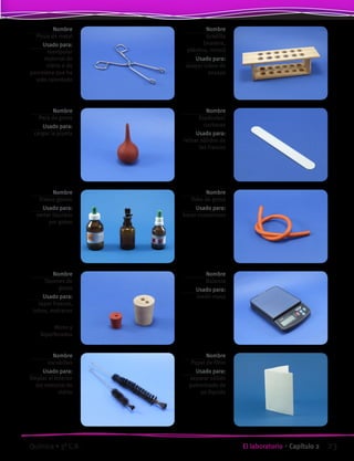 Nombre
Pinza de metal
Usado para:
manipular
material de
vidrio o de
porcelana que ha
sido calentado
Nombre
Gradilla
(madera,
plástico, metal)
Usado para:
apoyar tubos de
ensayo
Nombre
Espátulas/
cucharas
Usado para:
retirar sólidos de
los frascos
Nombre
Tubo de goma
Usado para:
hacer conexiones
Nombre
Pera de goma
Usado para:
cargar la pipeta
Nombre
Balanza
Usado para:
medir masa
Nombre
Frasco gotero
Usado para:
verter líquidos
por goteo
Nombre
Tapones de
goma
Usado para:
tapar frascos,
tubos, matraces
Nombre
Papel de filtro
Usado para:
separar sólido
pulverizado de
un líquido
Nombre
escobillas
Usado para:
limpiar el interior
del material de
vidrio
Mono y
biperforados
23El laboratorio • Capítulo 2Química • 3º C.B.
©EditorialContexto2010-Obsequioparadocentessinvalorcomercial-www.editorialcontexto.com.uy-(02)9019493
 