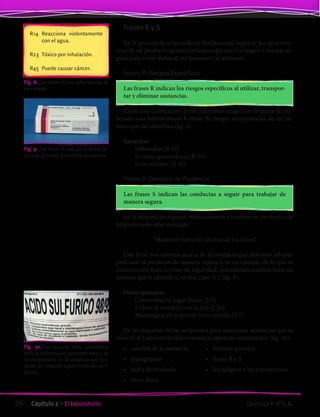 Frases R y S
En el proceso de etiquetado es fundamental registrar las caracterís-
ticas de un producto químico relacionadas con los riesgos y manejo se-
guro para evitar daños al ser humano y al ambiente.
Frases R: Riesgos Específicos
Las frases R indican los riesgos específicos al utilizar, transpor-
tar y eliminar sustancias.
Existe una clasificación de los diferentes riesgos con la que se ha ela-
borado una lista de frases R (frase de riesgo) acompañadas de un nú-
mero que las identifica (fig. 8).
Ejemplos:
	 Inflamable (R 10)
	 Provoca quemaduras (R 34)
	 Irrita los ojos (R 36)
Frases S: Consejos de Prudencia
Las frases S indican las conductas a seguir para trabajar de
manera segura.
En la etiqueta de algunos medicamentos y también en productos de
limpieza suele estar indicado:
“Mantener fuera del alcance de los niños”
Esta frase nos informa acerca de la conducta que debemos adoptar
para usar el producto de manera segura y es un ejemplo de lo que se
conoce como frase S (frase de seguridad) que además también tiene un
número que la identifica, en este caso: S 2 (fig. 9).
Otros ejemplos:
	 Consérvese en lugar fresco (S 3)
	 Evítese el contacto con la piel (S 24)
	 Manténgase el recipiente bien cerrado (S 7)
En las etiquetas de los recipientes para almacenar sustancias que se
usan en el Laboratorio debe constar la siguiente información (fig. 10):
•	 nombre de la sustancia	 •	 fórmula química
•	 pictogramas	 •	 frases R y S
•	 fecha de envasado	 •	 los peligros y las precauciones
•	 otros datos
Fig. 8. Las frases R son advertencias de
los riesgos.
R14	 Reacciona violentamente
con el agua.
R23	 Tóxico por inhalación.
R45	 Puede causar cáncer.
Fig. 9. Las frases S indican la forma se-
gura de proceder para evitar accidentes.
Fig. 10. La etiqueta debe suministrar
toda la información necesaria acerca de
las propiedades de la sustancia que per-
mitan un manejo seguro evitando acci-
dentes.
26 Capítulo 2 • El laboratorio Química • 3º C.B.
©EditorialContexto2010-Obsequioparadocentessinvalorcomercial-www.editorialcontexto.com.uy-(02)9019493
 
