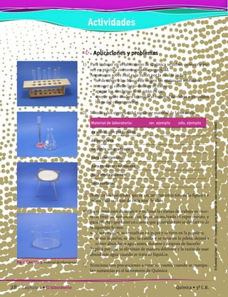 Aplicaciones y problemas
1)	 Para trabajar en el laboratorio de Química se deben conocer y po-
ner en práctica ciertas normas de seguridad.
	 Argumenta sobre cuál es la razón por la cual se indica:
	 •	 no devolver a los frascos de origen las sustancias sobrantes
	 •	 recoger el cabello largo durante el trabajo
	 •	 apagar los mecheros si no están en uso
	 •	 apoyar sobre madera o similar el material de vidrio o porcelana
luego del calentamiento
2)	 Nombra dos ejemplos del siguiente material de laboratorio:
Material de laboratorio: 1er. ejemplo 2do. ejemplo
de vidrio, con graduación
de porcelana
de vidrio sin graduación
para calentamiento
para sostener recipientes
para medir volumen
para contener
3)	 Nombra los materiales que se encuentran en la foto de la figura 1 e
indica cuál es el uso de cada uno de ellos.
4)	 En el momento de limpiar y ordenar las mesas de trabajo es nece-
sario tirar las sustancias con las se ha realizado el experimento, y
para ello hay que tener en cuenta que generalmente se descartan de
la siguiente forma:
	 •	 si son sólidos, se envuelven en papel y se tiran en la papelera;
	 •	 si son líquidos, se abre la canilla y se tiran en la pileta, dejando
correr abundante agua antes, durante y después de hacerlo
	 Explica por qué se eliminan de manera diferente y la razón de usar
abundante agua cuando se trata de líquidos.
5)	 Menciona tres precauciones a tener en cuenta cuando se manipu-
lan sustancias en el laboratorio de Química
Fig. 1. Ejercicio 3. Material de laboratorio.
Actividades
28 Capítulo 2 • El laboratorio Química • 3º C.B.
©EditorialContexto2010-Obsequioparadocentessinvalorcomercial-www.editorialcontexto.com.uy-(02)9019493
 