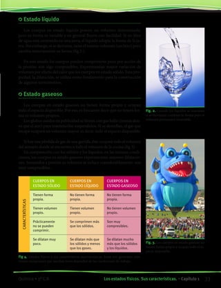 Estado líquido
Los cuerpos en estado líquido poseen un volumen determinado,
pero su forma es variable y en general fluyen con facilidad. Si un litro
de agua está contenido en una jarra, el líquido adopta la forma de la ja-
rra. Sin embargo, si se derrama, tiene el mismo volumen (un litro) pero
cambia notoriamente su forma (fig 2 ).
En este estado los cuerpos pueden comprimirse poco por acción de
la presión: son algo compresibles. Experimentan mayor variación de
volumen por efecto del calor que los cuerpos en estado sólido. Esta pro-
piedad, la dilatación, se utiliza como fundamento para la construcción
de algunos termómetros.
	Estado gaseoso
Los cuerpos en estado gaseoso no tienen forma propia y ocupan
todo el espacio disponible. Por eso, es frecuente decir que no tienen for-
ma ni volumen propios.
Los globos usados en publicidad se llenan con gas helio (menos den-
so que el aire) para mantenerlos suspendidos. Si se desinflan, el gas que
escapa ocupará un volumen mayor, es decir, todo el espacio disponible.
Si hay una pérdida de gas de una garrafa, éste ocupará todo el volumen
del armario donde se encuentra o todo el volumen de la cocina (fig 3).
En comparación con los sólidos y los líquidos, en las mismas condi-
ciones, los cuerpos en estado gaseoso experimentan mayores dilatacio-
nes. Sometidos a presión su volumen se reduce considerablemente: son
muy compresibles.
Fig 4. Estados físicos y sus características macroscópicas. Estas son generales, exis-
tiendo excepciones que muchas veces dependen de las condiciones de trabajo.
CARACTERÍSTICAS
CUERPOS EN
ESTADO SÓLIDO
CUERPOS EN
ESTADO LÍQUIDO
CUERPOS EN
ESTADO GASEOSO
Tienen forma
propia.
No tienen forma
propia.
No tienen forma
propia.
Tienen volumen
propio.
Tienen volumen
propio.
No tienen volumen
propio.
Prácticamente
no se pueden
comprimir.
Se comprimen más
que los sólidos.
Son muy
compresibles.
Se dilatan muy
poco.
Se dilatan más que
los sólidos y menos
que los gases.
Se dilatan mucho
más que los sólidos
y los líquidos.
Fig. 2. Cuando los líquidos se trasvasan
o se derraman cambian la forma pero el
volumen permanece invariable.
Fig. 3. Los cuerpos en estado gaseoso no
tienen forma propia y ocupan todo el es-
pacio disponible.
33Los estados físicos. Sus características. • Capítulo 1Química • 3º C.B.
©EditorialContexto2010-Obsequioparadocentessinvalorcomercial-www.editorialcontexto.com.uy-(02)9019493
 