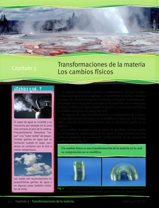 Transformaciones de la materia
Los cambios físicos
Capítulo 3
El vapor de agua es invisible y se
encuentra por ejemplo en la zona
más cercana al pico de la caldera.
Frecuentemente llamamos “va-
por” a la “nube visible” de peque-
ñísimas gotitas de agua que se
formaron cuando el vapor con-
densa en contacto con el aire a
menor temperatura.
Las nubes son acumulaciones de
pequeñísimas gotitas de agua y
en algunos casos también crista-
les de hielo.
¿Sabías qué... ?
La materia experimenta cambios constantemente. Así por ejemplo,
si colocamos agua en el congelador, se transforma en hielo; si dejamos
un frasco de alcohol destapado el volumen del líquido va disminuyen-
do porque éste se evapora; si mezclamos el contenido de un sobre para
preparar refresco con agua, el polvo se disuelve; si acercamos un fósforo
encendido a un trozo de papel, éste arde.
En algunas de estas transformaciones, la composición de la mate-
ria que experimenta el cambio no se modifica: la sustancia es la misma
antes y después de la transformación, solo se aprecia un cambio en su
aspecto.
Los cambios de estado como la fusión de un sólido, la evaporación
de un líquido, la condensación de un vapor y otras transformaciones
como la dilatación de un material, el estiramiento de un resorte son
cambios físicos (fig. 1).
Un cambio físico es una transformación de la materia en la cual
su composición no se modifica.
Fig. 1 El material con el que está fabricado el resorte es el mismo tanto sin estirar
como estirado. Es decir la composición del resorte es idéntica en ambas situaciones.
44 Capítulo 3 • Transformaciones de la materia. Química • 3º C.B.
©EditorialContexto2010-Obsequioparadocentessinvalorcomercial-www.editorialcontexto.com.uy-(02)9019493
 