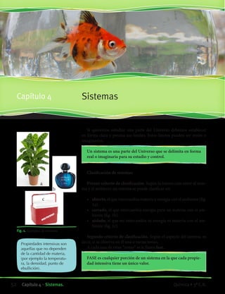 SistemasCapítulo 4
Propiedades intensivas son
aquellas que no dependen
de la cantidad de materia,
(por ejemplo la temperatu-
ra, la densidad, punto de
ebullición).
Fig. 1. Ejemplos de sistemas
a
b
c
Si queremos estudiar una parte del Universo debemos establecer
en forma clara y precisa sus límites. Estos límites pueden ser reales o
imaginarios.
Un sistema es una parte del Universo que se delimita en forma
real o imaginaria para su estudio y control.
Clasificación de sistemas
Primer criterio de clasificación. Según la interacción entre el siste-
ma y el ambiente un sistema se puede clasificar en:
•	 abierto, el que intercambia materia y energía con el ambiente (fig.
1a).
•	 cerrado, el que intercambia energía pero no materia con el am-
biente (fig. 1b).
•	 aislado, el que no intercambia ni energía ni materia con el am-
biente (fig. 1c).
Segundo criterio de clasificación. Según el aspecto del sistema, es
decir, si se observa en él una o varias zonas.
A cada una de estas “zonas” se le llama fase.
FASE es cualquier porción de un sistema en la que cada propie-
dad intensiva tiene un único valor.
52 Capítulo 4 • Sistemas. Química • 3º C.B.
©EditorialContexto2010-Obsequioparadocentessinvalorcomercial-www.editorialcontexto.com.uy-(02)9019493
 