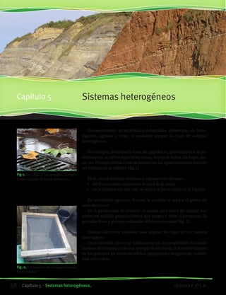 Sistemas heterogéneosCapítulo 5
Frecuentemente, en actividades industriales, domésticas, de inves-
tigación, agrarias y otras, es necesario separar las fases de sistemas
heterogéneos.
Por ejemplo, al realizar la toma de agua del río, previamente a su po-
tabilización, se deben separar las ramas, bolsas de nylon, las hojas, are-
na, etc. Proceso similar a éste se realiza con las aguas residuales antes de
ser vertidas en el colector (fig.1).
En la cocina también realizamos separaciones de fases:
•	 del huevo crudo separamos la clara de la yema
•	 en la preparación del café, se separa la parte sólida de la líquida.
En actividades agrarias, durante la cosecha se separa el grano del
resto del cereal.
En la producción de cemento se realiza un control de calidad me-
diante un análisis granulométrico que separa y mide el porcentaje de
gránulos finos y gruesos utilizando diferentes tamices (fig. 2).
Existen diferentes métodos para separar las fases de un sistema
heterogéneo.
Estos métodos tienen su fundamento en las propiedades físicas de
las fases del sistema como por ejemplo la densidad, el diferente tamaño
de los gránulos en sistemas sólidos, propiedades magnéticas, volatili-
dad, entre otras.
Fig 1. Las rejas de los desagües pluviales
evitan el pasaje de hojas, bolsas, etc.
Fig. 2. Un tamiz es un recipiente similar
a un “colador”
58 Capítulo 5 • Sistemas heterogéneos. Química • 3º C.B.
©EditorialContexto2010-Obsequioparadocentessinvalorcomercial-www.editorialcontexto.com.uy-(02)9019493
 