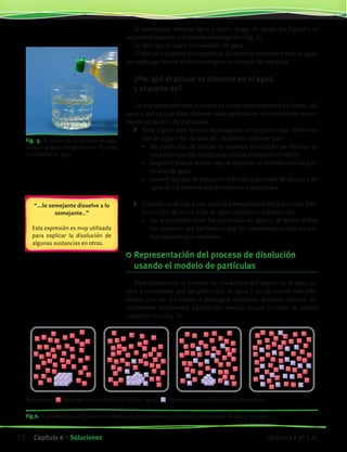 Fig. 5. El aceite no se disuelve en agua
aunque se agite enérgicamente. El aceite
es insoluble en agua.
“…lo semejante disuelve a lo
semejante..”
Esta expresión es muy utilizada
para explicar la disolución de
algunas sustancias en otras.
Si intentamos mezclar agua y aceite, luego de agitar, los líquidos se
separan formando un sistema heterogéneo (fig. 5).
Se dice que el aceite es insoluble en agua.
El azúcar y el aceite se comportan de manera diferente frente al agua,
sin embargo tienen el mismo origen: se extraen de vegetales.
¿Por qué el azúcar se disuelve en el agua
y el aceite no?
La respuesta debemos buscarla en la estructura interna del aceite, del
agua y del azúcar. Para elaborar una explicación recurriremos nueva-
mente al modelo de partículas.
	 Para lograr una mezcla homogénea entre partículas diferentes
(las de agua y las de azúcar), podemos suponer que:
	 •	 las partículas de azúcar se separan venciendo las fuerzas de
atracción que las mantienen unidas formando el sólido
	 •	 las partículas de azúcar, que se separan, se mezclan con las par-
tículas de agua
	 •	 existen fuerzas de atracción entre las partículas de azúcar y de
agua de tal manera que permanecen mezcladas
	 Cuando no se logra una mezcla homogénea entre partículas dife-
rentes (las de aceite y las de agua) podemos suponer que:
	 •	 las atracciones entre las partículas de agua y de aceite deben
ser menores que las fuerzas que las mantienen unidas en am-
bos líquidos por separado
	Representación del proceso de disolución
usando el modelo de partículas
Para representar el proceso de disolución del azúcar en el agua va-
mos a considerar que las partículas de agua y las de azúcar son dife-
rentes, por eso las vamos a distinguir mediante distintos colores. In-
tentaremos representar además los estados físicos iniciales de ambos
componentes (fig. 6).
Referencias: representa una partícula del líquido (agua) representa una partícula del sólido (azúcar)
Fig.6. Representación del proceso de disolución de un sólido en un líquido, por ejemplo de azúcar en agua.
72 Capítulo 6 • Soluciones Química • 3º C.B.
©EditorialContexto2010-Obsequioparadocentessinvalorcomercial-www.editorialcontexto.com.uy-(02)9019493
 