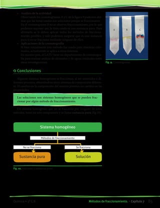 Fig. 10. Soluciones y sustancias puras
•	 Análisis de la actividad
	 Observando los cromatogramas A y C de la figura 9 podemos afir-
mar que las tintas usadas son soluciones porque se fraccionaron.
	 En el cromatograma B no se observa fraccionamiento, por lo que
podemos suponer que la tinta usada es una sustancia pura. Para
afirmarlo se le deben aplicar todos los métodos de fracciona-
miento posibles, y solo podemos asegurar que es una sustancia
pura si no se fracciona mediante ninguno de ellos.
•	 Aplicaciones de la cromatografía
	 Si bien inicialmente este método fue usado para muestras colo-
reados, actualmente se aplica a otros sistemas.
	 En nuestro país, el LATU tiene un departamento de cromatogra-
fía para realizar análisis de alimentos y de aguas residuales entre
otras investigaciones.
	Conclusiones
Algunos sistemas homogéneos se fraccionan, al ser sometidos a di-
ferentes procesos, obteniéndose otros sistemas de composición diferen-
te. El cambio en la composición del sistema provoca un cambio en las
propiedades.
Las soluciones son sistemas homogéneos que se pueden frac-
cionar por algún método de fraccionamiento.
Un sistema homogéneo que no se fracciona por ninguno de estos
métodos, tiene un solo componente y se llama sustancia pura (fig.10).
Fig. 9. Cromatogramas
A B C
Sustancia pura Solución
No se fracciona Se fracciona
Métodos de fraccionamiento
Sistema homogéneo
85Métodos de fraccionamiento. • Capítulo 7Química • 3º C.B.
©EditorialContexto2010-Obsequioparadocentessinvalorcomercial-www.editorialcontexto.com.uy-(02)9019493
 