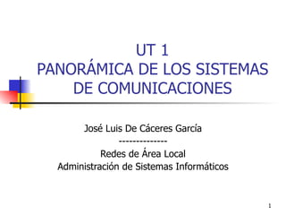 UT 1 PANORÁMICA DE LOS SISTEMAS DE COMUNICACIONES José Luis De Cáceres García -------------- Redes de Área Local Administración de Sistemas Informáticos 
