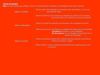 TIPOS DE BIENES Bien :  Es todo aquello que satisface, directa o indirectamente, los deseos o necesidades de los seres humanos.   Bienes Libres: Son ilimitados en cantidad o muy abundantes, y no son de  Según su Carácter   propiedad de nadie.  Bienes Económicos: Son escasos en cantidad con relación con los deseos  que hay de ellos. De su estudio se ocupa la economía.    Bienes de Capital: No atienden directamente a las sociedades humanas.  Según su Naturaleza   Bienes de Consumo: Se destinan a la satisfacción directa de las necesidades.  Duraderos:  Permiten un uso prolongado.  No Duraderos:  Se ven afectados directamente por el  transcurso del tiempo.    Bienes Intermedios: Deben sufrir transformaciones antes de convertirse en  Según su Función   bienes de consumo o capital.  Bienes Finales: Ya han sufrido las transformaciones necesarias para su uso  ó consumo.  