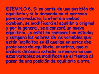EJEMPLO 6.   Si se parte de una posición de equilibrio y si la demanda en el mercado para un producto, la oferta o ambas cambian, se modificará el equilibrio original y por lo general, se alcanzará un nuevo equilibrio. La estática comparativa estudia y compara los valores de las variables que están implícitos en él analiza en estas dos posiciones de equilibrio, mientras, que el análisis dinámico estudia la manera en que esas variables se modifican en el tiempo al pasar de una posición de equilibrio a otra. 