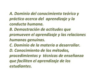 A. Dominio del conocimiento teórico y práctico acerca del  aprendizaje y la conducta humana. B. Demostración de actitudes que promueven el aprendizaje y las relaciones humanas genuinas. C. Dominio de la materia a desarrollar. D. Conocimiento de los métodos, procedimientos y  técnicas de enseñanza que faciliten el aprendizaje de los estudiantes. 