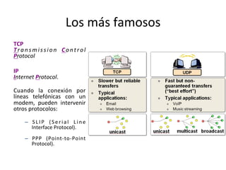 Los	
  más	
  famosos	
  
TCP	
  	
  
Transmission	
   Control	
  
Protocol	
  
	
  
IP	
  
Internet	
  Protocol.	
  
Cuando	
   la	
   conexión	
   por	
  
líneas	
   telefónicas	
   con	
   un	
  
modem,	
   pueden	
   intervenir	
  
otros	
  protocolos:	
  	
  
	
  
	
  
–  S L IP	
   ( S eri al	
   L i n e	
  
Interface	
  Protocol).	
  
–  PPP	
   (Point-­‐to-­‐Point	
  
Protocol).	
  	
  
 