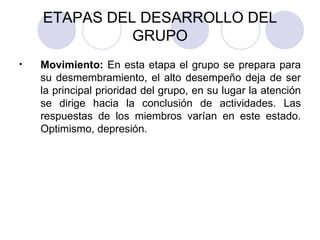 ETAPAS DEL DESARROLLO DEL GRUPO Movimiento:  En esta etapa el grupo se prepara para su desmembramiento, el alto desempeño deja de ser la principal prioridad del grupo, en su lugar la atención se dirige hacia la conclusión de actividades. Las respuestas de los miembros varían en este estado. Optimismo, depresión.  