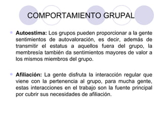COMPORTAMIENTO GRUPAL Autoestima:  Los grupos pueden proporcionar a la gente sentimientos de autovaloración, es decir, además de transmitir el estatus a aquellos fuera del grupo, la membresía también da sentimientos mayores de valor a los mismos miembros del grupo. Afiliación:  La gente disfruta la interacción regular que viene con la pertenencia al grupo, para mucha gente, estas interacciones en el trabajo son la fuente principal por cubrir sus necesidades de afiliación. 