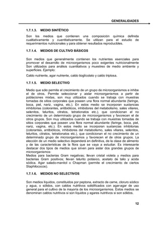 GENERALIDADES

1.7.1.3.   MEDIO SINTÉTICO
Son los medios que contienen una composición química definida
cualitativamente y cuantitativamente. Se utilizan para el estudio de
requerimientos nutricionales y para obtener resultados reproducibles.

1.7.1.4.   MEDIOS DE CULTIVO BÁSICOS

Son medios que generalmente contienen los nutrientes esenciales para
promover el desarrollo de microorganismos poco exigentes nutricionalmente
Son utilizados para análisis cuantitativos y muestreo de medio ambiente y
superficies. Ejemplo:
Caldo nutriente, agar nutriente, caldo tioglícolato y caldo triptosa.

1.7.1.5.   MEDIO SELECTIVO

Medio que sólo permite el crecimiento de un grupo de microorganismos e inhibe
el de otros. Permite seleccionar y aislar microorganismos a partir de
poblaciones mixtas, son muy utilizados cuando se trabaja con muestras
tomadas de sitios corporales que poseen una flora normal abundante (faringe,
boca, piel, nariz, vagina, etc.). En estos medio se incorporan sustancias
inhibitorias (colorantes, antibióticos, inhibidores del metabolismo, sales viliares,
selenitos, teluritos, citratos, tetrationatos etc.), que condicionan el no
crecimiento de un determinado grupo de microorganismos y favorecen el de
otros grupos. Son muy utilizados cuando se trabaja con muestras tomadas de
sitios corporales que poseen una flora normal abundante (faringe, boca, piel,
nariz, vagina, etc.). En estos medio se incorporan sustancias inhibitorias
(colorantes, antibióticos, inhibidores del metabolismo, sales viliares, selenitos,
teluritos, citratos, tetrationatos etc.), que condicionan el no crecimiento de un
determinado grupo de microorganismos y favorecen el de otros grupos. La
elección de un medio selectivo dependerá en definitiva, de la clase de alimento
y de las características de la flora que se vaya a estudiar. Es interesante
destacar dos tipos de medios que sirven para aislar dos grandes grupos de
microorganismos:
Medios para bacterias Gram negativas; llevan cristal violeta y medios para
bacterias Gram positivos; llevan telurito potásico, acetato de talio y acida
sódica. Agar salado-manitol o Chapman (permite el crecimiento de ciertos
Staphilococos).

1.7.1.6.   MEDIOS NO SELECTIVOS

Son medios líquidos, constituidos por peptona, extracto de carne, cloruro sódico
y agua, o sólidos, con caldos nutritivos solidificados con agar-agar de uso
general para el cultivo de la mayoría de los microorganismos. Estos medios se
denominan caldos nutritivos si son líquidos y agares nutritivos si son sólidos.


                                                                                 12
 