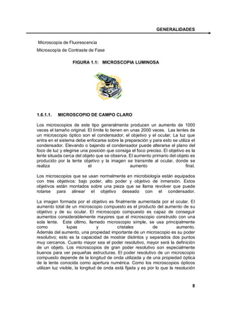 GENERALIDADES

Microscopía de Fluorescencia
Microscopía de Contraste de Fase

                  FIGURA 1.1: MICROSCOPIA LUMINOSA




1.6.1.1.   MICROSCOPIO DE CAMPO CLARO

Los microscopios de este tipo generalmente producen un aumento de 1000
veces el tamaño original. El límite lo tienen en unas 2000 veces. Las lentes de
un microscopio óptico son el condensador, el objetivo y el ocular. La luz que
entra en el sistema debe enfocarse sobre la preparación y para esto se utiliza el
condensador. Elevando o bajando el condensador puede alterarse el plano del
foco de luz y elegirse una posición que consiga el foco preciso. El objetivo es la
lente situada cerca del objeto que se observa. El aumento primario del objeto es
producido por la lente objetivo y la imagen se transmite al ocular, donde se
realiza                    el                    aumento                     final.

Los microscopios que se usan normalmente en microbiología están equipados
con tres objetivos: bajo poder, alto poder y objetivo de inmersión. Estos
objetivos están montados sobre una pieza que se llama revolver que puede
rotarse para alinear el objetivo deseado con el condensador.

La imagen formada por el objetivo es finalmente aumentada por el ocular. El
aumento total de un microscopio compuesto es el producto del aumento de su
objetivo y de su ocular. El microscopio compuesto es capaz de conseguir
aumentos considerablemente mayores que el microscopio construido con una
sola lente. Este último, llamado microscopio simple, se usa principalmente
como             lupas            y        cristales         de           aumento.
Además del aumento, una propiedad importante de un microscopio es su poder
resolutivo; esto es la capacidad de mostrar distintos y separados dos puntos
muy cercanos. Cuanto mayor sea el poder resolutivo, mayor será la definición
de un objeto. Los microscopios de gran poder resolutivo son especialmente
buenos para ver pequeñas estructuras. El poder resolutivo de un microscopio
compuesto depende de la longitud de onda utilizada y de una propiedad óptica
de la lente conocida como apertura numérica. Como los microscopios ópticos
utilizan luz visible, la longitud de onda está fijada y es por lo que la resolución



                                                                                 8
 