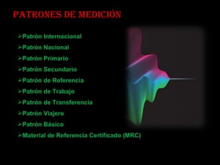 Patrones de medición Patrón Internacional Patrón Nacional Patrón Primario Patrón Secundario Patrón de Referencia Patrón de Trabajo Patrón de Transferencia Patrón Viajero Patrón Básico Material de Referencia Certificado (MRC) 