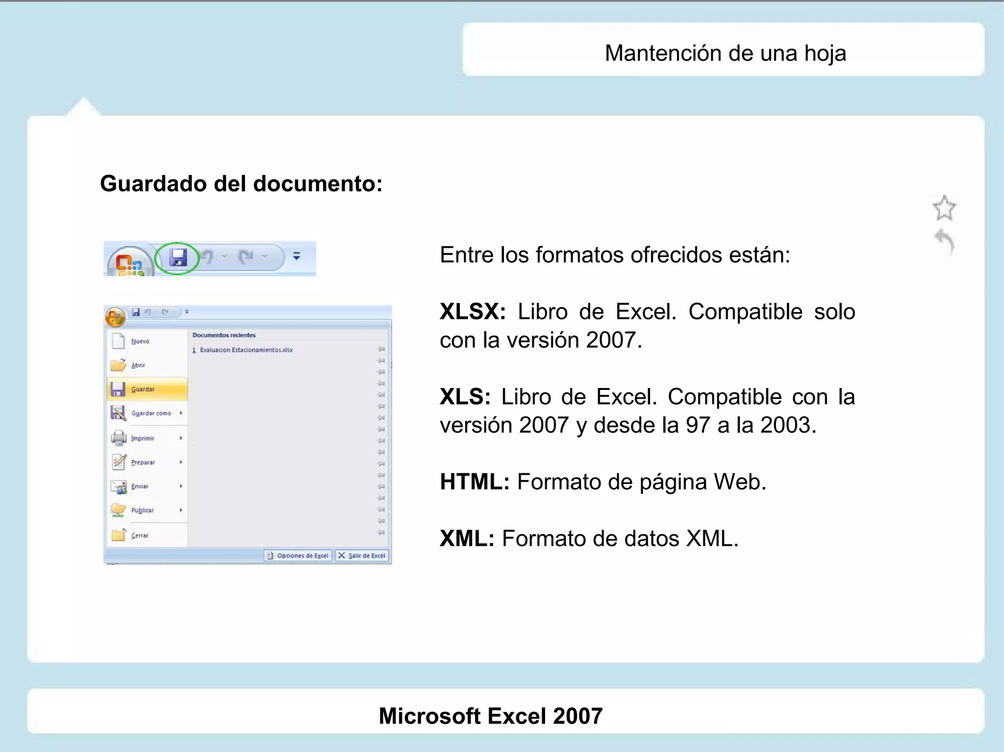 Mantención de una hoja Guardado del documento: Entre los formatos ofrecidos están:   XLSX:  Libro de Excel. Compatible solo con la versión 2007. XLS:  Libro de Excel. Compatible con la versión 2007 y desde la 97 a la 2003. HTML:  Formato de página Web. XML:  Formato de datos XML.     Microsoft Excel 2007 