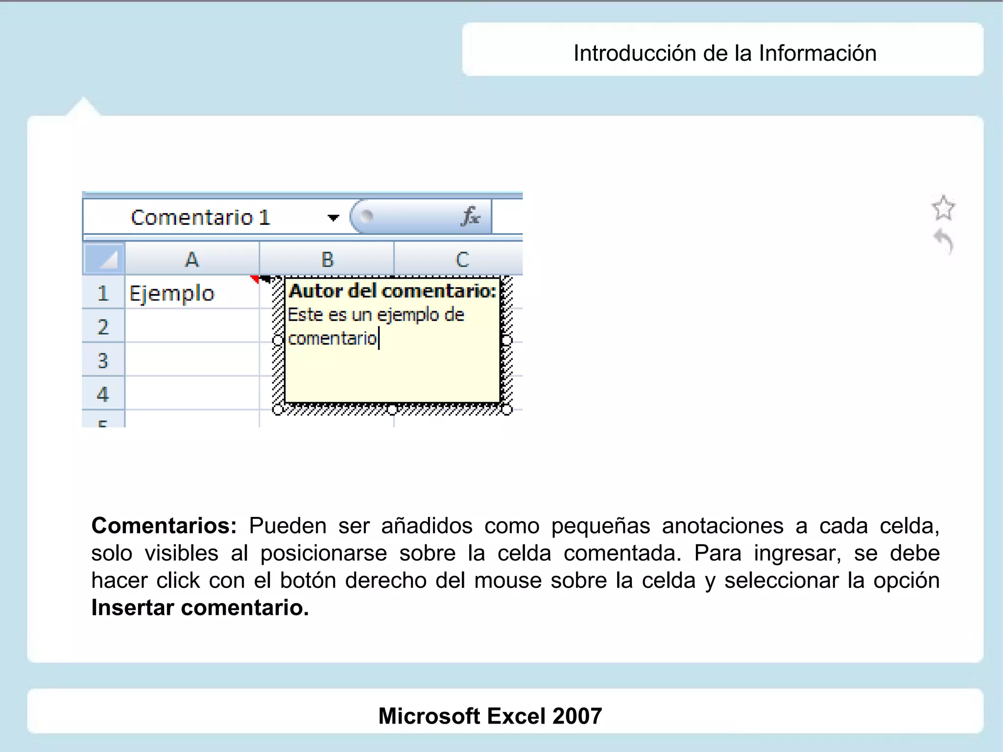 Introducción de la Información Comentarios:  Pueden ser añadidos como pequeñas anotaciones a cada celda, solo visibles al posicionarse sobre la celda comentada. Para ingresar, se debe hacer click con el botón derecho del mouse sobre la celda y seleccionar la opción  Insertar comentario. Microsoft Excel 2007 