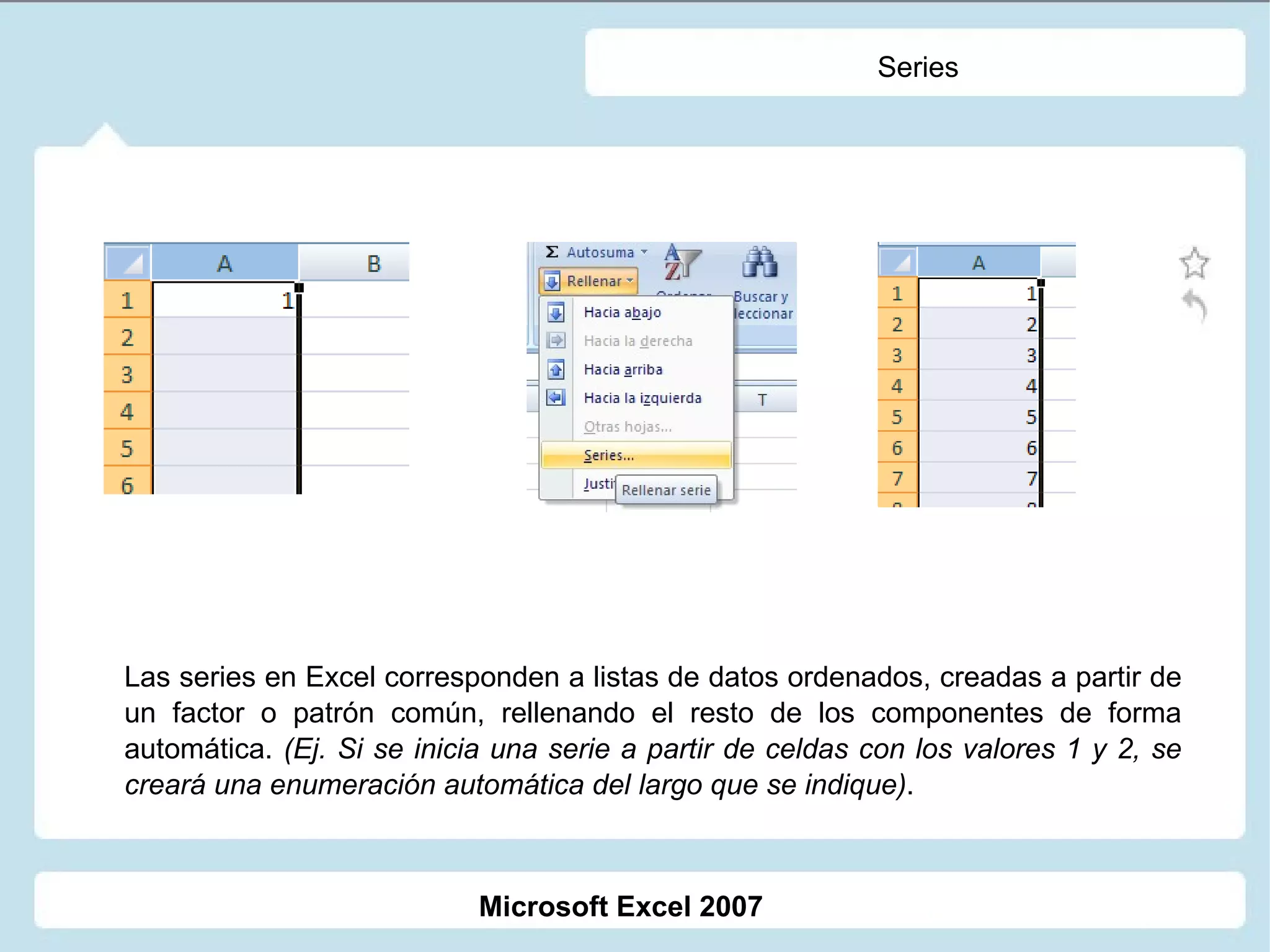Series Las series en Excel corresponden a listas de datos ordenados, creadas a partir de un factor o patrón común, rellenando el resto de los componentes de forma automática.  (Ej. Si se inicia una serie a partir de celdas con los valores 1 y 2, se creará una enumeración automática del largo que se indique) . Microsoft Excel 2007 