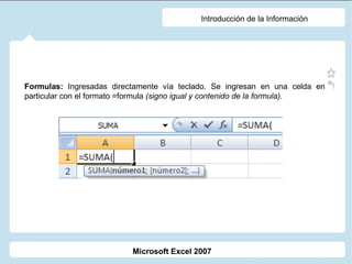 Introducción de la Información Formulas:  Ingresadas directamente vía teclado. Se ingresan en una celda en particular con el formato =formula  (signo igual y contenido de la formula) . Microsoft Excel 2007 