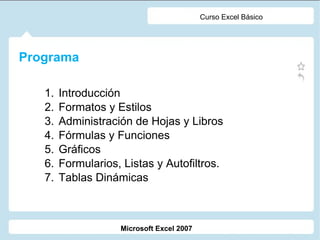 Microsoft Excel 2007 Curso Excel Básico Programa Introducción Formatos y Estilos Administración de Hojas y Libros Fórmulas y Funciones Gráficos Formularios, Listas y Autofiltros. Tablas Dinámicas 