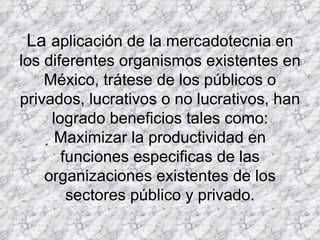 La  aplicación de la mercadotecnia en los diferentes organismos existentes en México, trátese de los públicos o privados, lucrativos o no lucrativos, han logrado beneficios tales como: Maximizar la productividad en funciones especificas de las organizaciones existentes de los sectores público y privado. 