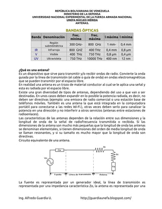 REPÚBLICA BOLIVARIANA DE VENEZUELA
                            MINISTERIO DE LA DEFENSA
         UNIVERSIDAD NACIONAL EXPERIMENTAL DE LA FUERZA ARMADA NACIONAL
                               UNEFA NÚCLEO MÉRIDA
                                    ANTENAS.

                                   BANDAS ÓPTICAS
                                     frec.        frec.
        Banda Denominación                                  l máxima l mínima
                                    mínima       máxima
                     Región
                  submilimétrica    300 GHz-    800 GHz       1 mm-    0,4 mm
          IR        Infrarrojo      800 GHZ     400 THz      0,4 mm    0,8 µm
           V         Visible        400 THz     750 THz      0,8 µm    0,4 µm
          UV       Ultravioleta     750 THz    10000 THz     400 nm    12 nm


¿Qué es una antena?
Es un dispositivo que sirve para transmitir y/o recibir ondas de radio. Convierte la onda
guiada por la línea de transmisión (el cable o guía de onda) en ondas electromagnéticas
que se pueden transmitir por el espacio libre.
En realidad una antena es un trozo de material conductor al cual se le aplica una señal y
esta es radiada por el espacio libre.
Existe una gran diversidad de tipos de antenas, dependiendo del uso a que van a ser
destinadas. En unos casos deben expandir en lo posible la potencia radiada, es decir, no
deben ser directivas (ejemplo: una emisora de radio comercial o una estación base de
teléfonos móviles. También es una antena la que está integrada en la computadora
portátil para conectarse a las redes Wi-Fi.), otras veces deben serlo para canalizar la
potencia en una dirección y no interferir a otros servicios (antenas entre estaciones de
radioenlaces).
Las características de las antenas dependen de la relación entre sus dimensiones y la
longitud de onda de la señal de radiofrecuencia transmitida o recibida. Si las
dimensiones de la antena son mucho más pequeñas que la longitud de onda las antenas
se denominan elementales, si tienen dimensiones del orden de media longitud de onda
se llaman resonantes, y si su tamaño es mucho mayor que la longitud de onda son
directivas.
Circuito equivalente de una antena.




La fuente es representada por un generador ideal, la línea de transmisión es
representada por una impedancia característica Zo, la antena es representada por una


Ing. Alfredo Guardia U.                    http://guardiaunefa.blogspot.com/
 
