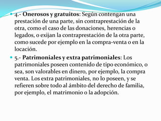  4.- Onerosos y gratuitos: Según contengan una
  prestación de una parte, sin contraprestación de la
  otra, como el caso de las donaciones, herencias o
  legados, o exijan la contraprestación de la otra parte,
  como sucede por ejemplo en la compra-venta o en la
  locación.
 5.- Patrimoniales y extra patrimoniales: Los
  patrimoniales poseen contenido de tipo económico, o
  sea, son valorables en dinero, por ejemplo, la compra
  venta. Los extra patrimoniales, no lo poseen, y se
  refieren sobre todo al ámbito del derecho de familia,
  por ejemplo, el matrimonio o la adopción.
 
