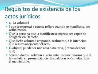 Requisitos de existencia de los
actos jurídicos
 1.- La voluntad
 ( que se expresa) a esto se refiere cuando se manifieste, sea
    verbalmente.
   Que la persona que la manifieste o exprese sea capaz de
    obligarse en Derecho.
   Que dicha voluntad responda, realmente, a la intención
    que se tuvo al ejecutar el acto.
   El objeto; puede ser una cosa o materia, ( razón del por
    qué)
   Solemnidades; celebrar el acto ante los funcionarios que la
    ley señala, en pronunciar ciertas palabras o fórmulas. Ejm
    el matrimonio.
 