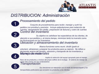 DISTRIBUCION: Administración Procesamiento del pedido  Conjunto de procedimientos para recibir, manejar y surtir los pedidos con prontitud y precisión.  Incluye estipulaciones para redacción de cuentas, otorgamiento de crédito, preparación de facturas y cobro de cuentas 1 Control del inventario  Su objetivo es satisfacer las expectativas de los clientes, de atención a sus pedidos y, al mismo tiempo, minimizar tanto la inversión como las fluctuaciones en los inventarios 2 Ubicación y almacenamiento del inventario  Abarca funciones como reunir, dividir (partir el volumen), almacenar y preparar los productos para su reenvío.  Se refiere a decisiones acerca del tamaño, ubicación y transporte de los inventarios y conjuntos de existencias 3 Manejo de materiales  Implica la selección del equipo apropiado para el manejo físico de los productos, e incluso del propio edificio de la bodega.  El sistema de manejo de carga más común son los contenedores 4 Transportación  Sus decisiones se relacionan con el modo de transportación y los transportistas particulares que enviarán los productos a los clientes 5 