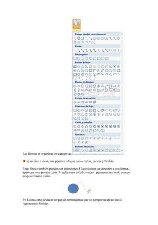 Las formas se organizan en categorías:

  La sección Líneas, nos permite dibujar líneas rectas, curvas y flechas.

Estas líneas también pueden ser conectores. Si acercamos un conector a otra forma,
aparecen unos puntos rojos. Si aplicamos ahí el conector, permanecerá unido aunque
desplacemos la forma.




En Líneas cabe destacar un par de herramientas que se comportan de un modo
ligeramente distinto:
 