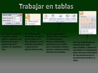 Si lo haces a través de   Para eliminar una         Al igual que podemos
la opción Insertar        fila sitúate en alguna    eliminar filas y columnas
tabla te aparecerá una    de las celdas de la       también podemos
ventana en la que         fila a eliminar y en la   insertar nuevas filas o     Una vez determinado el
podrás indicar el         pestaña Presentació       columnas en una tabla       tamaño de la tabla
número de columnas y      n selecciona la           que ya tenemos creada y     pulsa Aceptar y aparecerá
filas.                    opción Eliminar filas.    que por cualquier motivo    una tabla en la diapositiva
                                                    tenemos que ampliar.        junto con una nueva barra
                                                                                de herramientas que te
                                                                                permitirá personalizar la
                                                                                tabla.
 