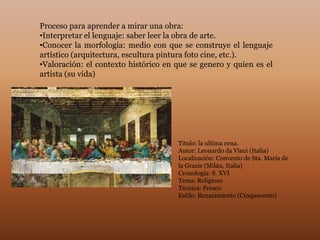Proceso para aprender a mirar una obra:
•Interpretar el lenguaje: saber leer la obra de arte.
•Conocer la morfología: medio con que se construye el lenguaje
artístico (arquitectura, escultura pintura foto cine, etc.).
•Valoración: el contexto histórico en que se genero y quien es el
artista (su vida)




                                      Título: la ultima cena.
                                      Autor: Leonardo da Vinci (Italia)
                                      Localización: Convento de Sta. María de
                                      la Grazie (Milán, Italia)
                                      Cronología: S. XVI
                                      Tema: Religioso
                                      Técnica: Fresco
                                      Estilo: Renacimiento (Cinquecento)
 