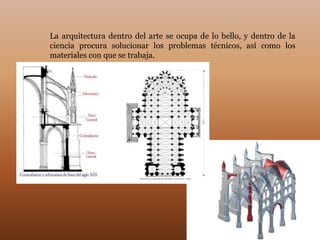 La arquitectura dentro del arte se ocupa de lo bello, y dentro de la
ciencia procura solucionar los problemas técnicos, así como los
materiales con que se trabaja.
 