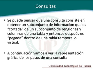 Consultas

• Se puede pensar que una consulta consiste en
  obtener un subconjunto de información que es
  “cortada” de un subconjunto de renglones y
  columnas de una tabla y entonces después es
  “pegada” dentro de una tabla temporal o
  virtual.

• A continuación vamos a ver la representación
  gráfica de los pasos de una consulta
 
