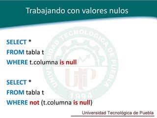 Trabajando con valores nulos


SELECT *
FROM tabla t
WHERE t.columna is null

SELECT *
FROM tabla t
WHERE not (t.columna is null)
 